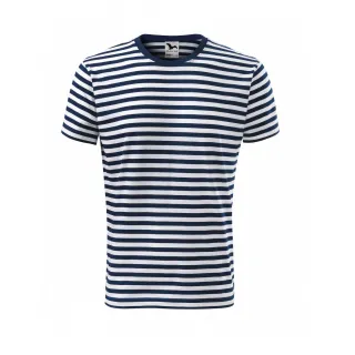 T-shirt w biało-granatowe poziome paski z okrągłym dekoltem. Koszulka ma klasyczny krój i jest wykonana z miękkiego materiału.