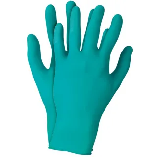 Para zielonych, antystatycznych rękawic ochronnych Touch N Tuff 92-500 marki Ansell. Rękawice są wykonane z cienkiego materiału, zapewniając precyzyjne dopasowanie i ochronę.