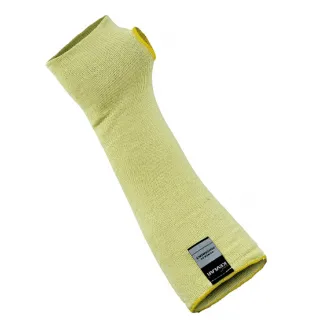 Ochraniacz na ramię wykonany z żółtego materiału Kevlar z otworem na kciuk. Produkt ma metkę z napisem "Kevlar" i jest przeznaczony do ochrony przed przecięciami.