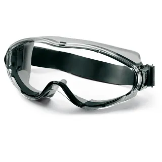 Gogle ochronne Uvex Ultrasonic 9302-281 z przezroczystymi soczewkami i czarną, elastyczną opaską. Zapewniają pełną ochronę oczu, idealne do zastosowań przemysłowych.