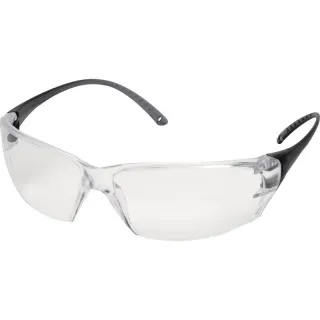 Przezroczyste okulary ochronne z czarnymi zausznikami, zaprojektowane dla maksymalnej ochrony oczu. Stylowy i ergonomiczny kształt zapewnia komfort noszenia.