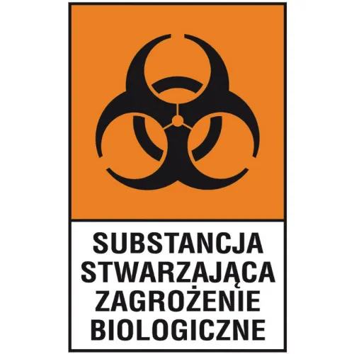 Pomarańczowy znak ostrzegawczy z czarnym symbolem zagrożenia biologicznego na górze. Poniżej znajduje się napis "SUBSTANCJA STWARZAJĄCA ZAGROŻENIE BIOLOGICZNE" na białym tle.