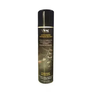 Spray impregnat Water Stop o pojemności 300 ml w czarnej puszce z etykietą przedstawiającą buty. Etykieta zawiera informacje o zastosowaniu produktu do ochrony przed wilgocią.