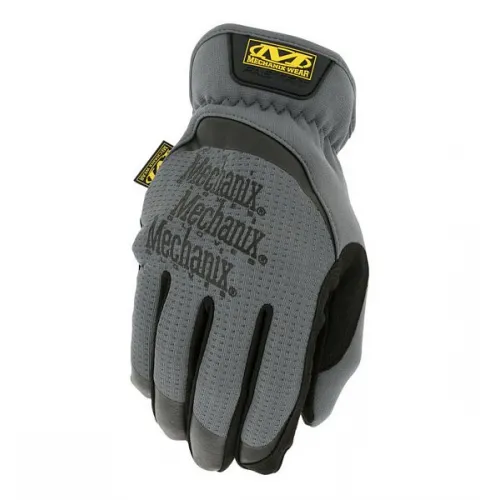 Szare rękawice Mechanix FastFit z czarnymi wstawkami i logo na wierzchu dłoni. Rękawice mają elastyczny mankiet i są przeznaczone do prac mechanicznych.