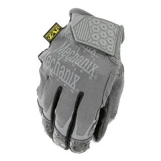Rękawice ochronne Mechanix Hi-Viz M-Pact E5 w kolorze szarym z żółtymi akcentami i wzmocnieniami na palcach. Posiadają zapięcie na rzep oraz teksturowaną powierzchnię dla lepszego chwytu.