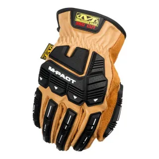 Rękawice ochronne Mechanix Durahide M-Pact Driver w kolorze beżowym z czarnymi wzmocnieniami na palcach i grzbiecie dłoni. Posiadają oznaczenie "360° CUT" na mankiecie.