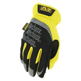Żółto-czarne rękawice Mechanix FastFit z widocznym logo na wierzchu dłoni. Rękawice mają elastyczny mankiet i wzmocnienia na palcach.