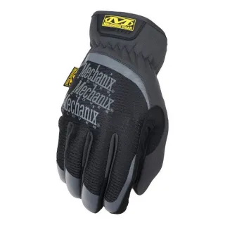 Czarne rękawice Mechanix FastFit z szarymi i żółtymi akcentami, wykonane z elastycznego materiału. Na wierzchu dłoni widoczne jest logo marki.