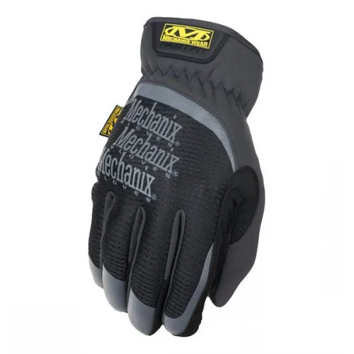 Czarne rękawice Mechanix FastFit z szarymi i żółtymi akcentami, wykonane z elastycznego materiału. Na wierzchu dłoni widoczne jest logo marki.