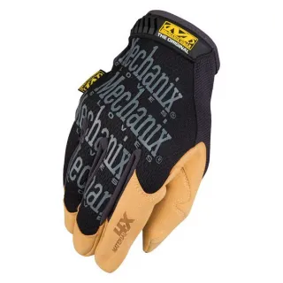 Czarne rękawice Mechanix z serii Material4X Original mają wzmocnione, beżowe wnętrze dłoni. Na wierzchu rękawic widoczne jest logo producenta.