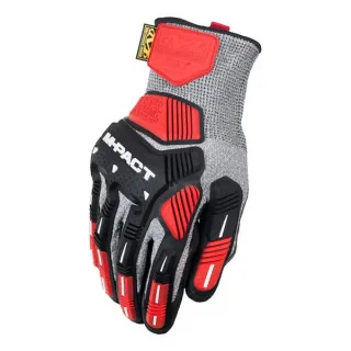 Rękawice ochronne Mechanix M-Pact Knit CR5A4 w kolorze szarym z czerwonymi i czarnymi wzmocnieniami na palcach i grzbiecie dłoni. Wykonane z wytrzymałego materiału, zapewniają ochronę przed przecięciami i uderzeniami.