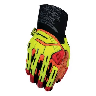 Rękawice ochronne Mechanix M-Pact XPLOR D4 w kolorze hi-viz pomarańczowym z czarnymi i żółtymi akcentami. Posiadają wzmocnienia na palcach i nadgarstku oraz napis "CUT RESISTANT" na mankiecie.