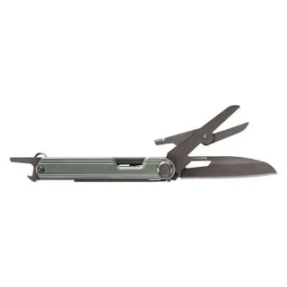 Multitool Gerber Armbar Slim Cut w kolorze Baltic Haze z widocznymi nożyczkami i nożem. Narzędzie ma smukły, metaliczny design z zielonymi akcentami.