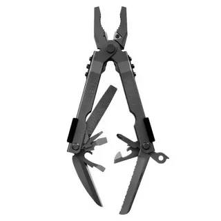 Na zdjęciu znajduje się czarny multitool Gerber MP600 Bluntnose z rozłożonymi narzędziami, w tym kombinerkami, nożem i piłką. Narzędzie jest przedstawione na białym tle, co podkreśla jego funkcjonalne elementy.