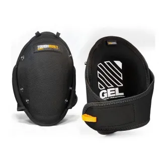 Nakolanniki ToughBuilt GelFit w kolorze czarnym, z widocznym logo i żółtym akcentem na zapięciu. Jeden nakolannik pokazany z przodu, drugi z widocznym wnętrzem i oznaczeniem "GEL".