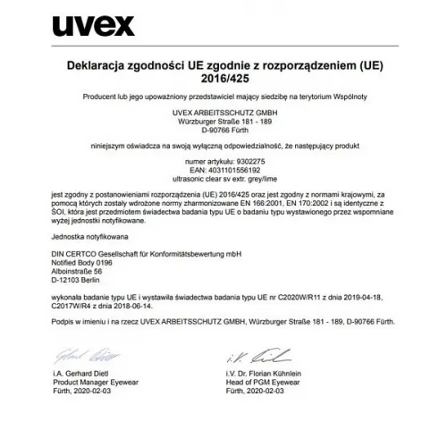 Deklaracja zgodności UE dla gogli ochronnych Uvex Ultrasonic, zawierająca informacje o zgodności z rozporządzeniem (UE) 2016/425. Dokument podpisany przez przedstawicieli UVEX ARBEITSSCHUTZ GMBH, potwierdzający spełnienie norm EN 166:2001.