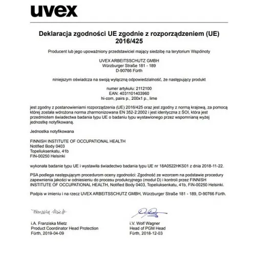 Deklaracja zgodności UE dotycząca produktu ochronnego, zawierająca szczegóły producenta UVEX ARBEITSSCHUTZ GMBH oraz informacje o zgodności z rozporządzeniem (UE) 2016/425. Dokument podpisany przez przedstawicieli firmy, potwierdzający spełnienie norm bezpieczeństwa.